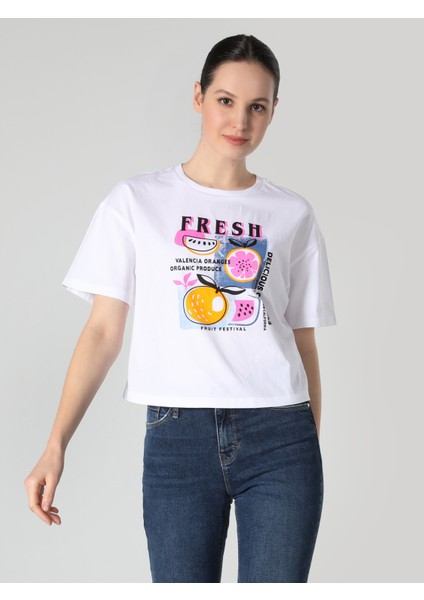 Regular Fit Yuvarlak Yaka Baskılı Kadın Beyaz Kısa Kol Tişört