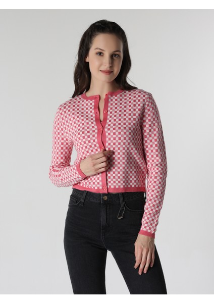 Slim Fit Kareli Pembe Kadın Hırka Cl1062830