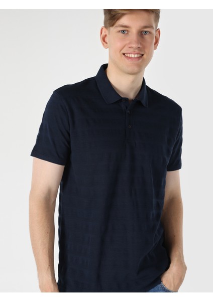 Regular Fit Polo Yaka Jakarlı Erkek Lacivert Kısa Kol Tişört