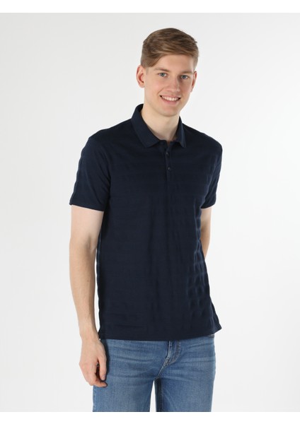 Regular Fit Polo Yaka Jakarlı Erkek Lacivert Kısa Kol Tişört modelleri