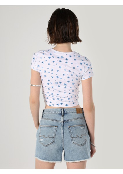 Slim Fit Yuvarlak Yaka Baskılı Kadın Beyaz Kısa Kol Tişört fiyatları