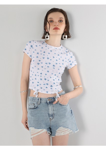 Slim Fit Yuvarlak Yaka Baskılı Kadın Beyaz Kısa Kol Tişört modelleri