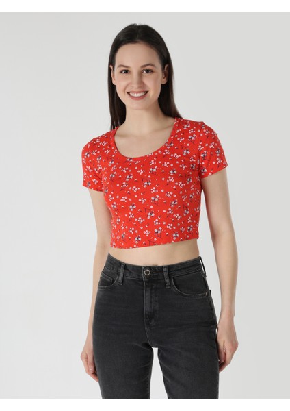 Slim Fit Yuvarlak Yaka Çiçekli Kadın Kirmizi Kısa Kol Tişört fırsatları