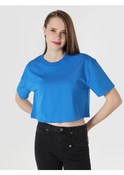 Comfort Fit Yuvarlak Yaka Düz Kadın Mavi Kısa Kol Tişört