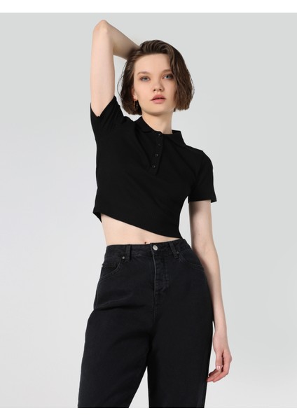 Slim Fit Polo Yaka Düz Kadın Siyah Kısa Kol Tişört