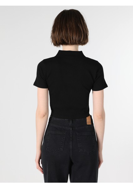 Slim Fit Polo Yaka Düz Kadın Siyah Kısa Kol Tişört fiyatları