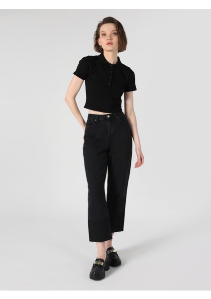 Slim Fit Polo Yaka Düz Kadın Siyah Kısa Kol Tişört modelleri