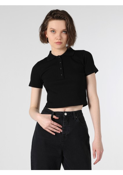 Slim Fit Polo Yaka Düz Kadın Siyah Kısa Kol Tişört fırsatları