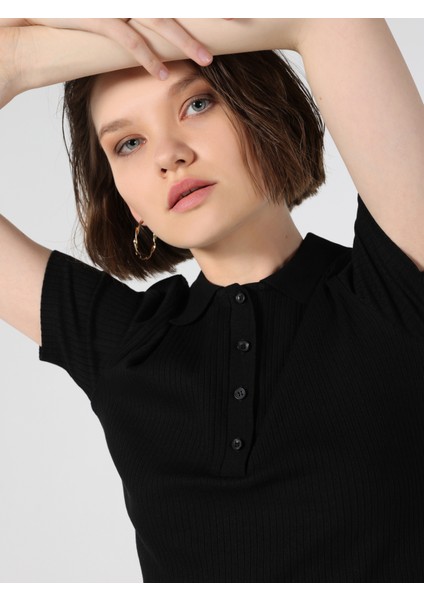 Slim Fit Polo Yaka Düz Kadın Siyah Kısa Kol Tişört indirimleri