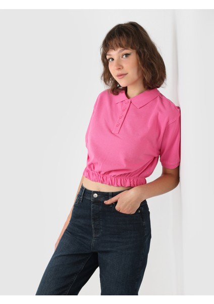 Normal Kesim Polo Yaka Crop Pembe Kadın Kısa Kol Tişört Cl1064048