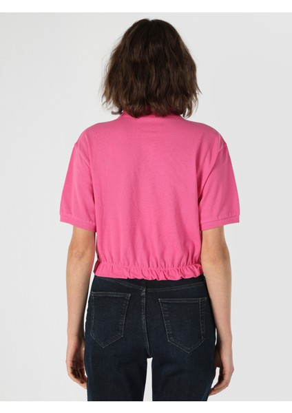 Normal Kesim Polo Yaka Crop Pembe Kadın Kısa Kol Tişört Cl1064048