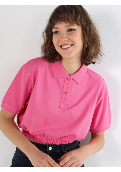 Normal Kesim Polo Yaka Crop Pembe Kadın Kısa Kol Tişört Cl1064048