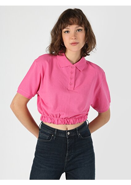 Normal Kesim Polo Yaka Crop Pembe Kadın Kısa Kol Tişört Cl1064048