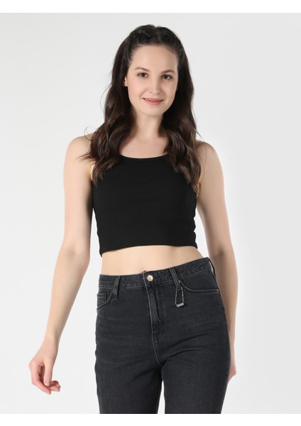 Slim Fit Basic Crop Siyah Kadın Atlet Cl1064019