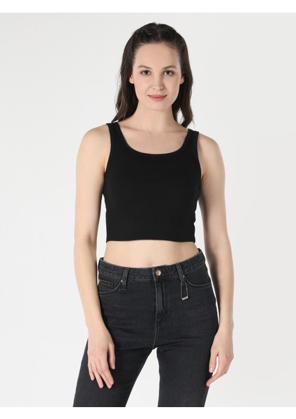 Slim Fit Basic Crop Siyah Kadın Atlet Cl1064019