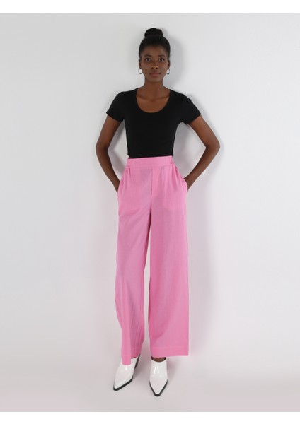 Regular Fit Yüksel Bel Geniş Paça Kadın Pembe Pantolon
