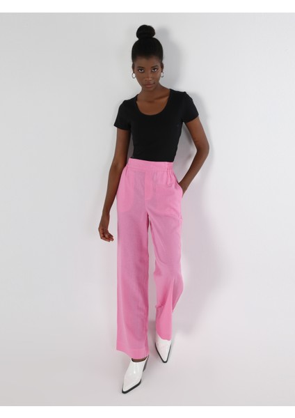 Regular Fit Yüksel Bel Geniş Paça Kadın Pembe Pantolon