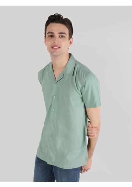 Regular Fit Shirt Neck Düz Erkek Yeşil Kısa Kol Gömlek