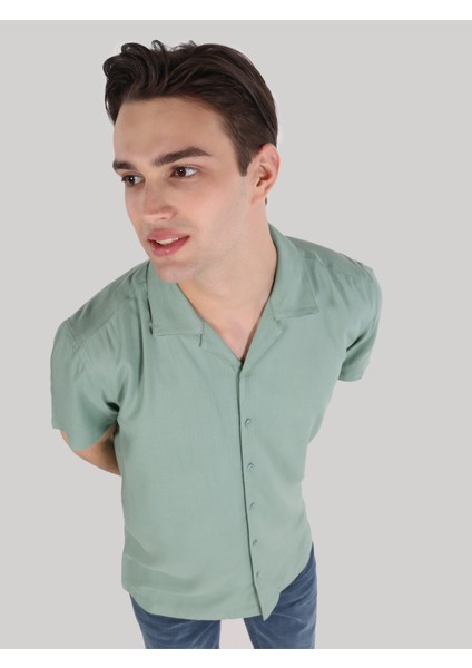 Regular Fit Shirt Neck Düz Erkek Yeşil Kısa Kol Gömlek modelleri