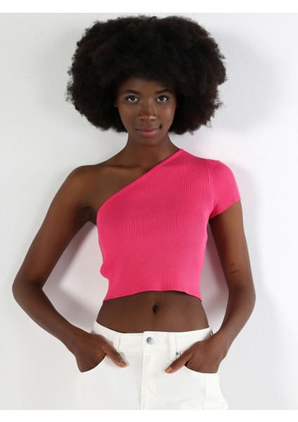 Slim Fit Strappy Crop Pembe Kadın Kısa Kol Tişört Cl1064263