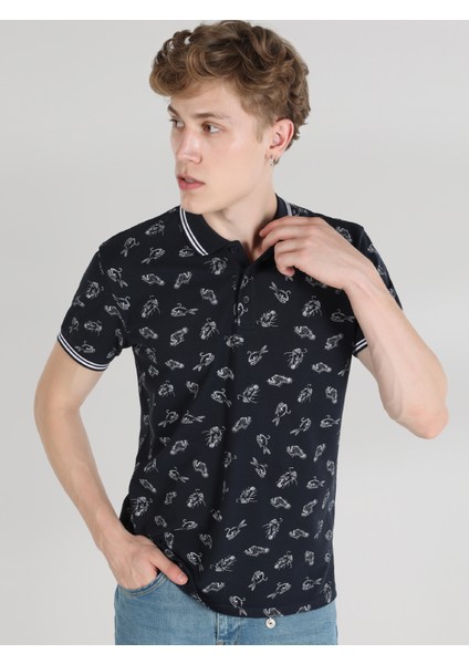 Regular Fit Polo Yaka Baskılı Erkek Lacivert Kısa Kol Tişört