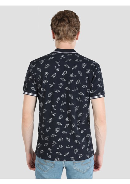 Regular Fit Polo Yaka Baskılı Erkek Lacivert Kısa Kol Tişört