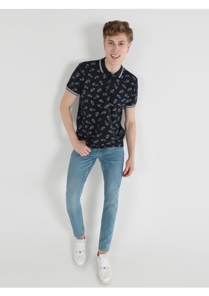 Regular Fit Polo Yaka Baskılı Erkek Lacivert Kısa Kol Tişört