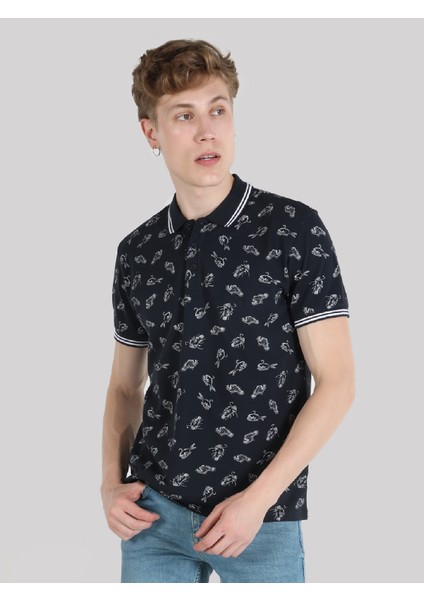 Regular Fit Polo Yaka Baskılı Erkek Lacivert Kısa Kol Tişört