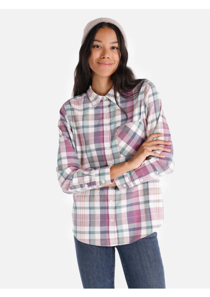 Regular Fit Shirt Neck Ekoseli Kadın Çok Renkli Uzun Kol Gömlek Cl1065072