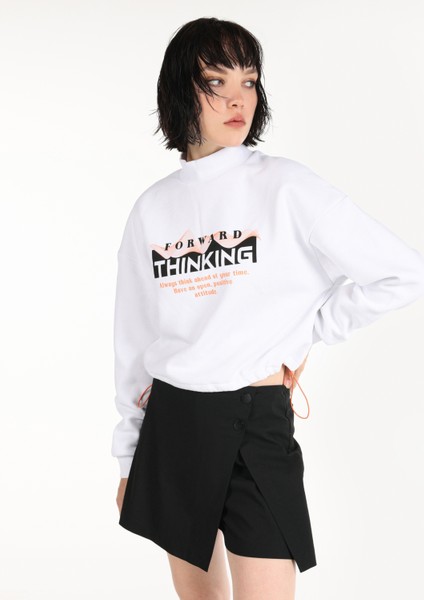 Regular Fit Baskılı Crop Beyaz Kadın Sweatshirt Cl1065081