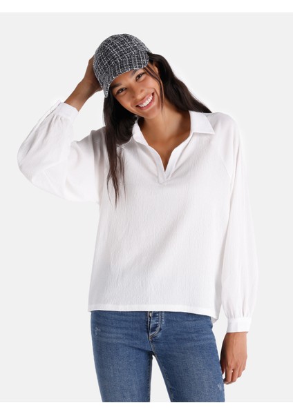 Regular Fit Shirt Neck Düz Kadın Beyaz Uzun Kol Tişört