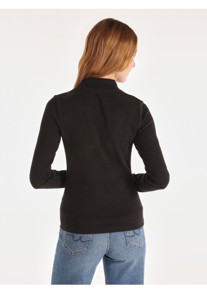 Slim Fit Balıkçı Yaka Düz Kadın Siyah Uzun Kol Tişört fiyatları