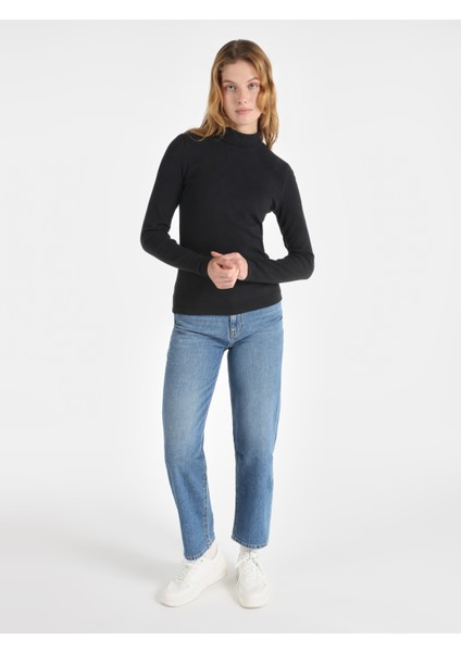 Slim Fit Balıkçı Yaka Düz Kadın Siyah Uzun Kol Tişört modelleri