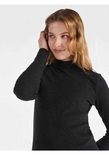 Slim Fit Balıkçı Yaka Düz Kadın Siyah Uzun Kol Tişört fırsatları