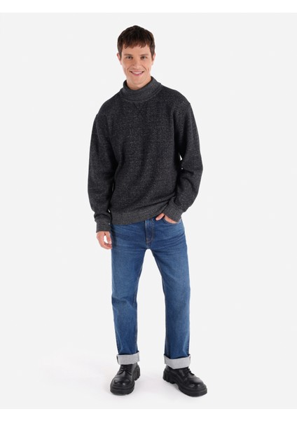 Regular Fit Yarı Balıkçı Yaka Siyah Erkek Uzun Kol Tişört Cl1065665