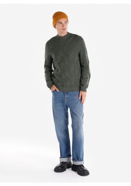 Slim Fit Turtle Neck Jakarlı Erkek Yeşil Kazak Cl1065745