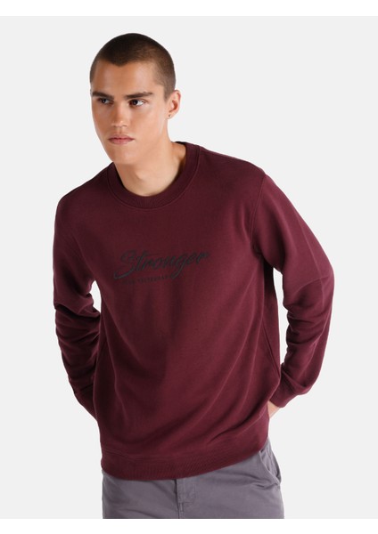 Regular Fit Bisiklet Yaka Baskılı Bordo Erkek Sweatshirt Cl1065690