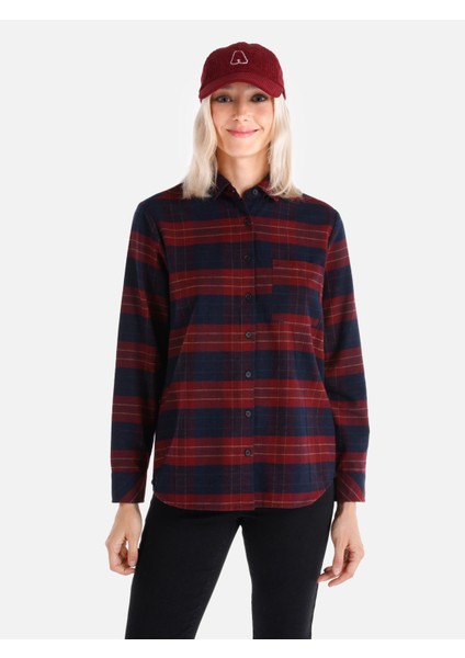Regular Fit Shirt Neck Ekoseli Kadın Bordo Uzun Kol Gömlek