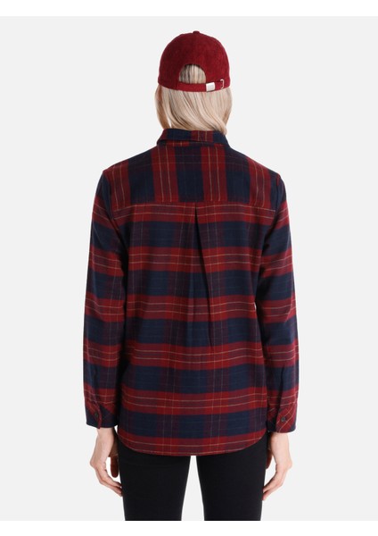 Regular Fit Shirt Neck Ekoseli Kadın Bordo Uzun Kol Gömlek