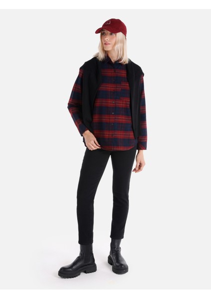 Regular Fit Shirt Neck Ekoseli Kadın Bordo Uzun Kol Gömlek