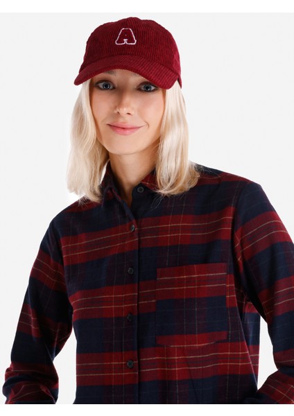Regular Fit Shirt Neck Ekoseli Kadın Bordo Uzun Kol Gömlek