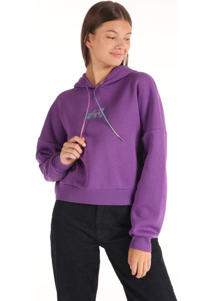 Regular Fit Kapüşonlu Baskılı Mor Kadın Sweatshirt Cl1065917