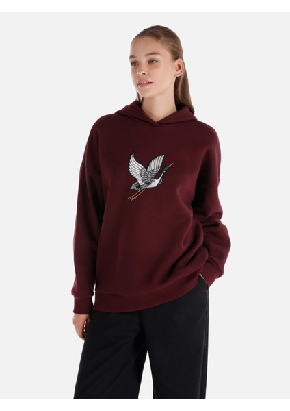 Regular Fit Baskılı Kapüşonlu Bordo Kadın Sweatshirt Cl1065942