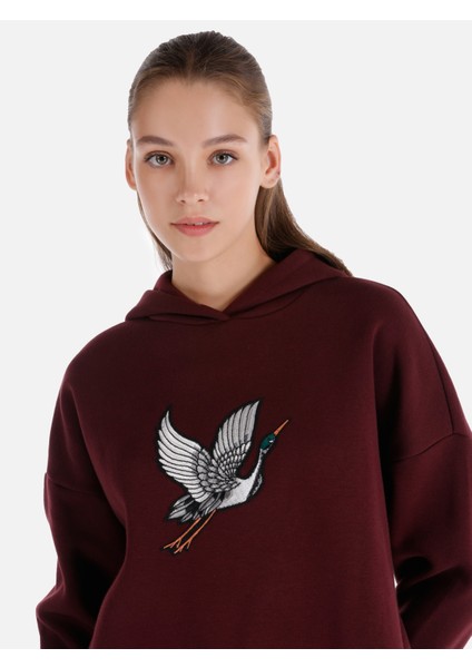 Regular Fit Baskılı Kapüşonlu Bordo Kadın Sweatshirt Cl1065942