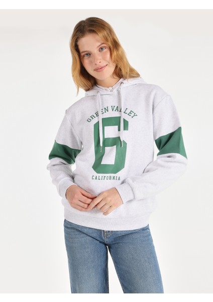 Regular Fit Kapüşonlu Baskılı Gri Kadın Sweatshirt Cl1066038