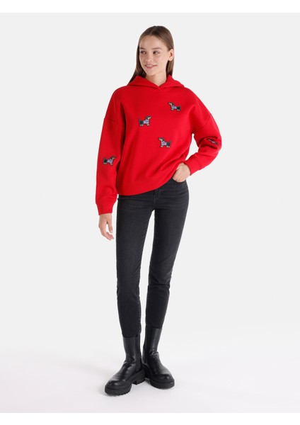 Regular Fit Baskılı Kapüşonlu Kırmızı Kadın Sweatshirt