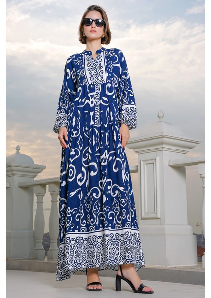 2423 Otantik Desenli Elbise - P. Lacivert modelleri