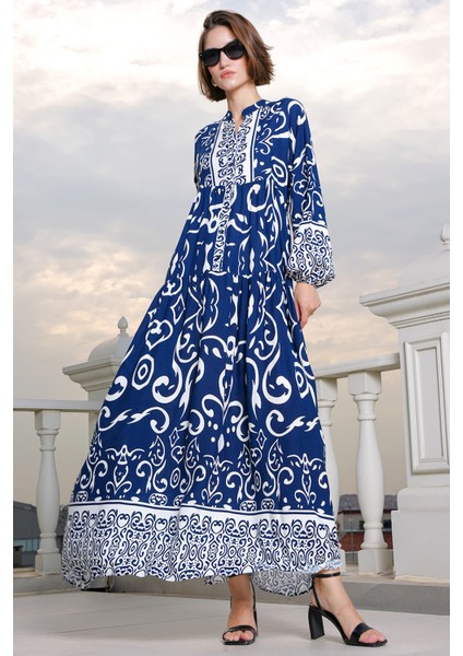 2423 Otantik Desenli Elbise - P. Lacivert fırsatları