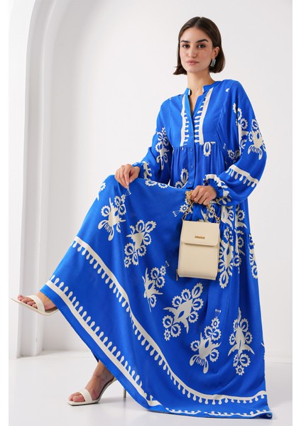 2423 Otantik Desenli Elbise - Beyaz - Lacivert