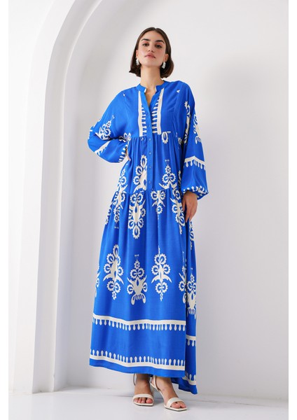 2423 Otantik Desenli Elbise - Beyaz - Lacivert fiyatları